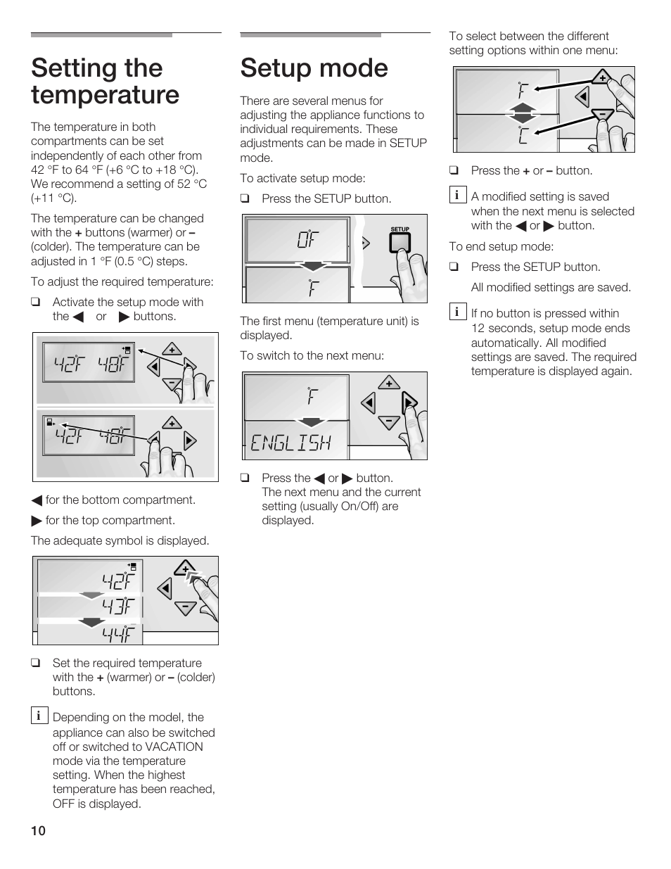 Setting the temperature, Setup mode | Thermador T24IW  EN User Manual | Page 10 / 60