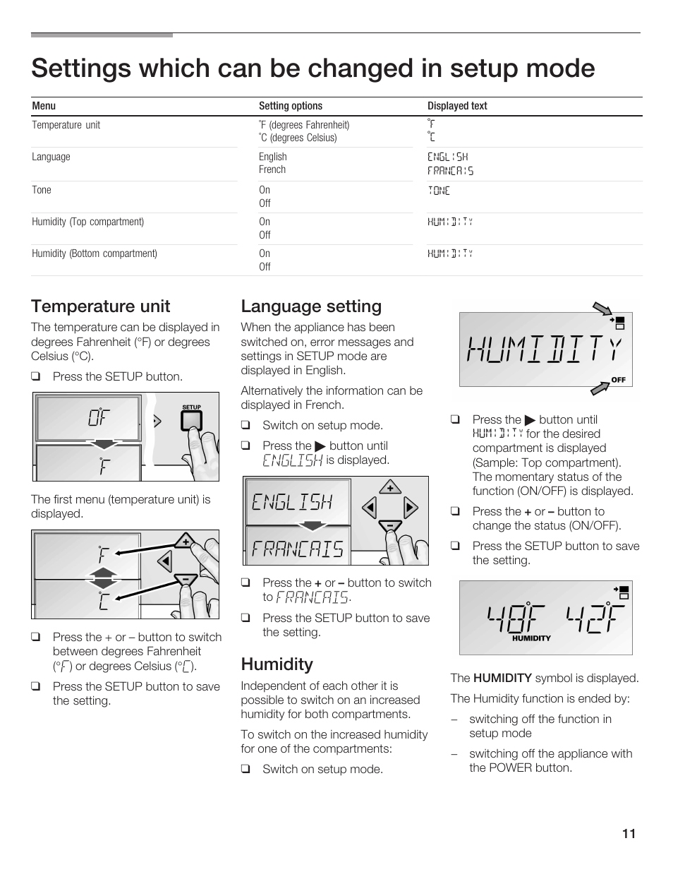 Settings which can be changed in setup mode, Temperature unit, Language setting | Humidity | Thermador T24IW  EN User Manual | Page 11 / 60