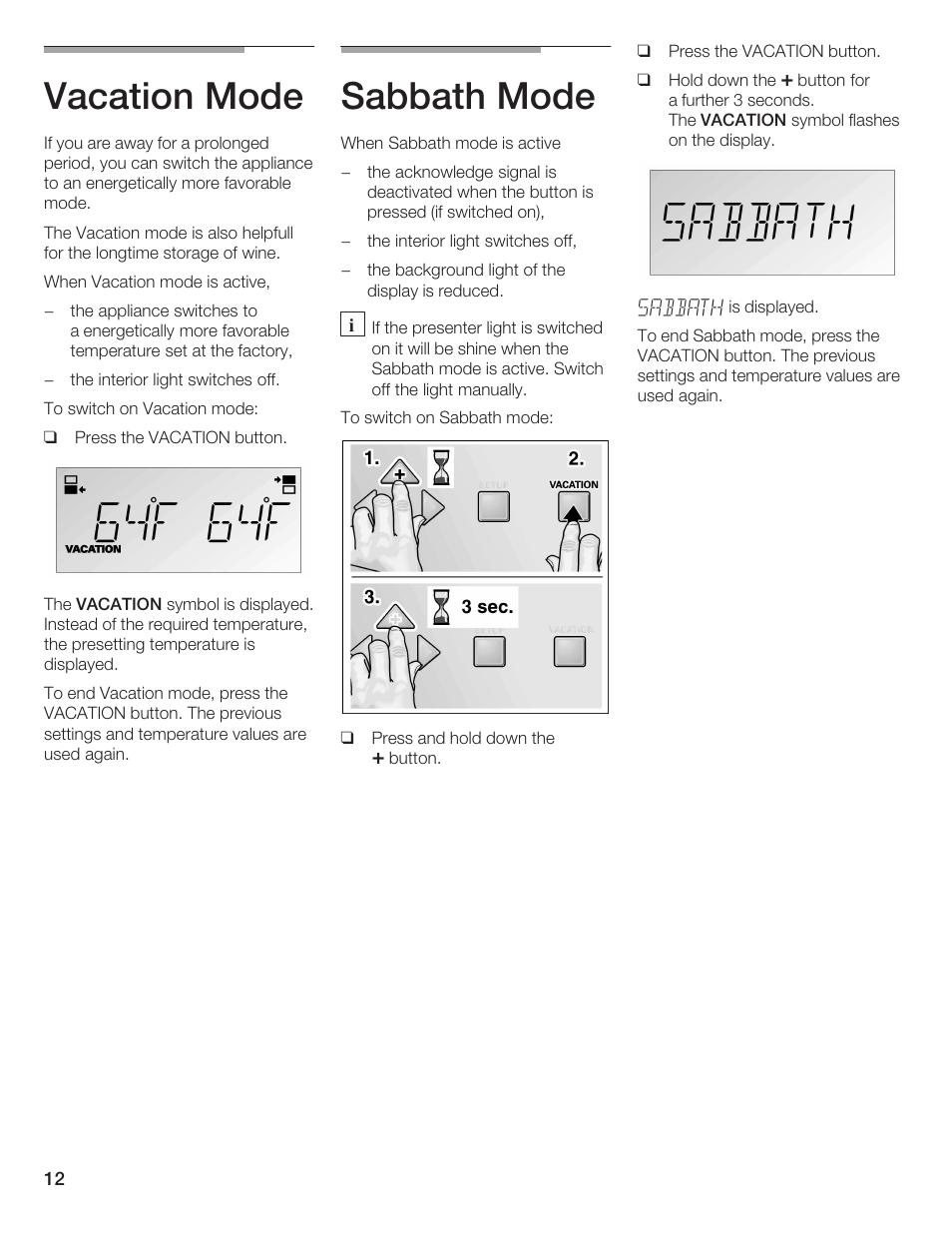 Vacation mode, Sabbath mode | Thermador T24IW  EN User Manual | Page 12 / 60