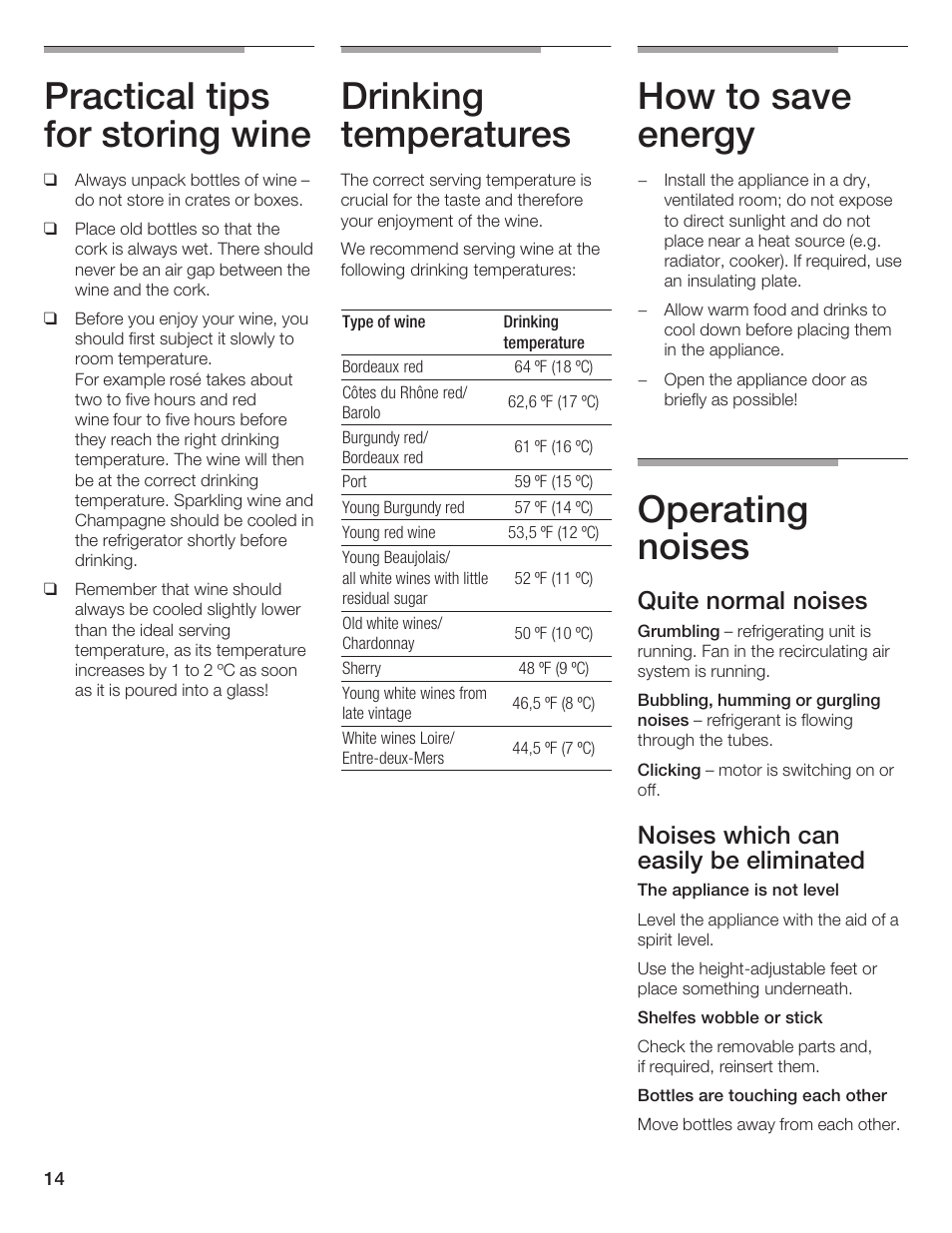 Practical tips for storing wine, Drinking temperatures, How to save energy | Operating noises, Quite normal noises, Noises which can easily be eliminated | Thermador T24IW  EN User Manual | Page 14 / 60