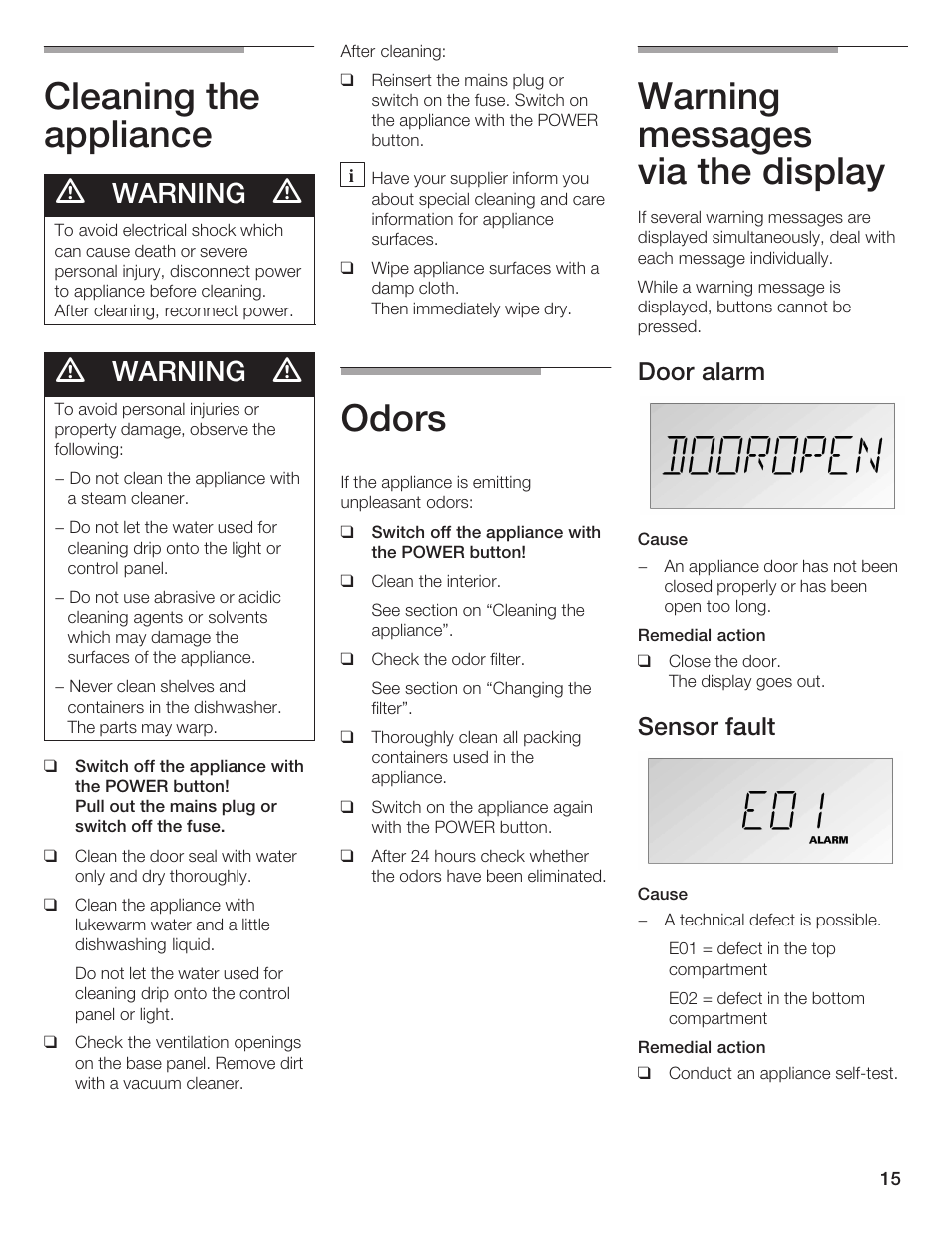 Cleaning the appliance, Odors, Warning messages via the display | Warning, Door alarm, Sensor fault | Thermador T24IW  EN User Manual | Page 15 / 60