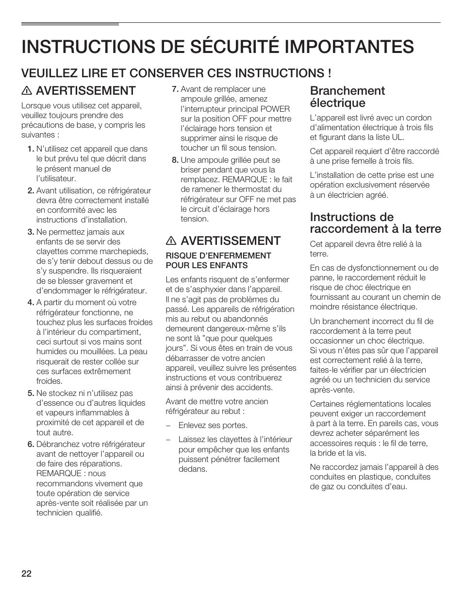 Instructions de sécurité importantes, E avertissement, Branchement électrique | Instructions de raccordement à la terre | Thermador T24IW  EN User Manual | Page 22 / 60