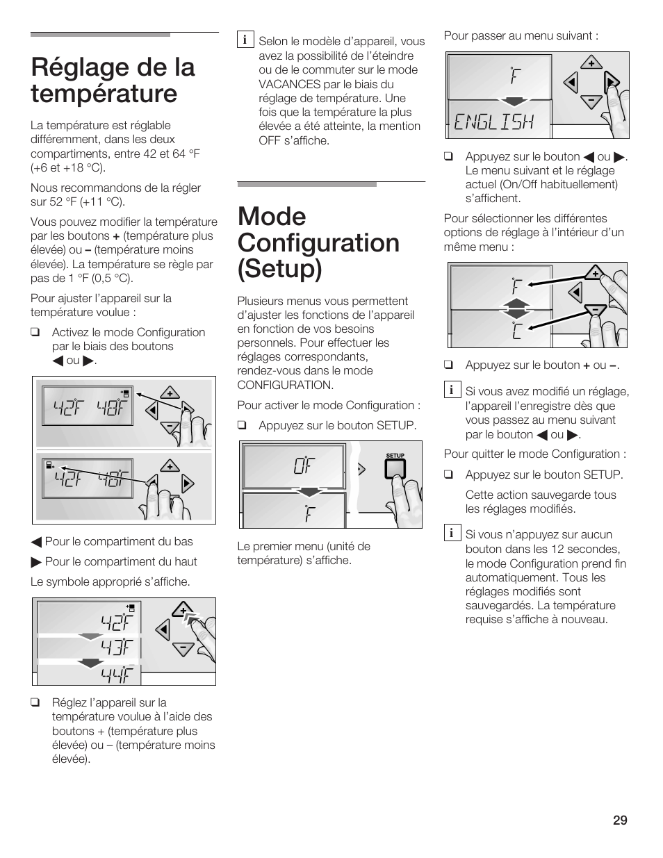 Réglage de la température, Mode configuration (setup) | Thermador T24IW  EN User Manual | Page 29 / 60