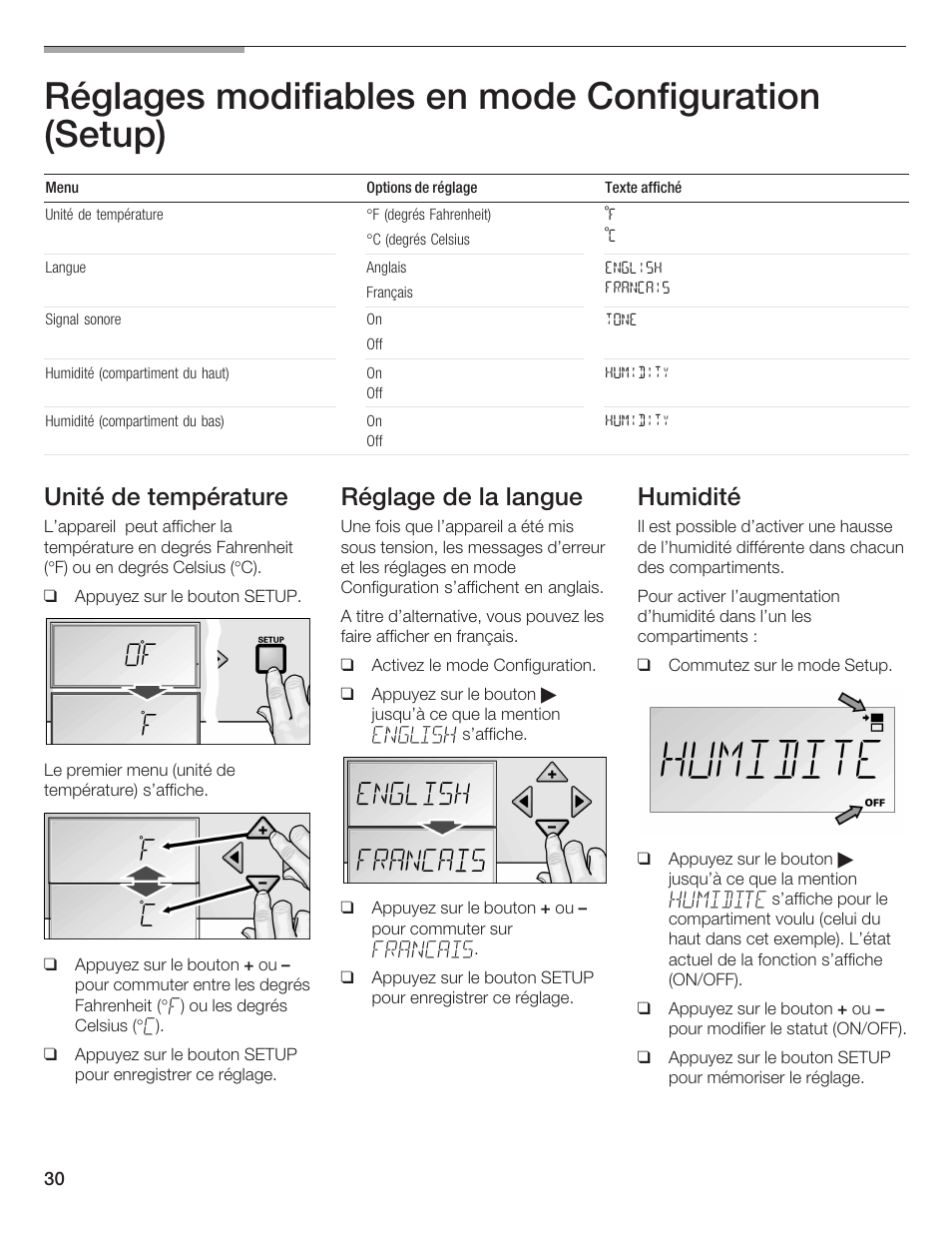 Réglages modifiables en mode configuration (setup), Unité de température, Réglage de la langue | Humidité | Thermador T24IW  EN User Manual | Page 30 / 60