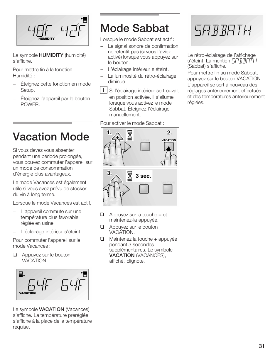 Vacation mode, Mode sabbat | Thermador T24IW  EN User Manual | Page 31 / 60