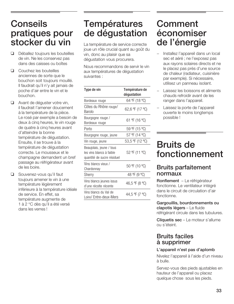 Conseils pratiques pour stocker du vin, Températures de dégustation, Comment économiser de l'énergie | Bruits de fonctionnement, Bruits parfaitement normaux, Bruits faciles à supprimer | Thermador T24IW  EN User Manual | Page 33 / 60