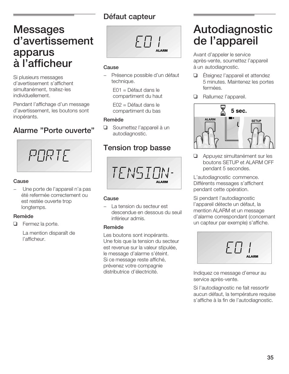 Autodiagnostic de l'appareil, Messages d'avertissement apparus à l'afficheur | Thermador T24IW  EN User Manual | Page 35 / 60