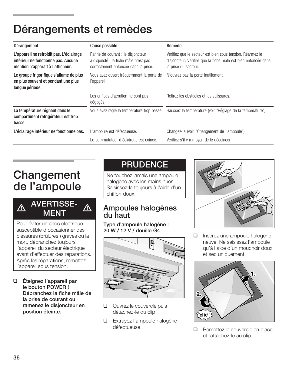 Dérangements et remèdes, Changement de l'ampoule, Prudence | Avertisseć ment, Ampoules halogènes du haut | Thermador T24IW  EN User Manual | Page 36 / 60