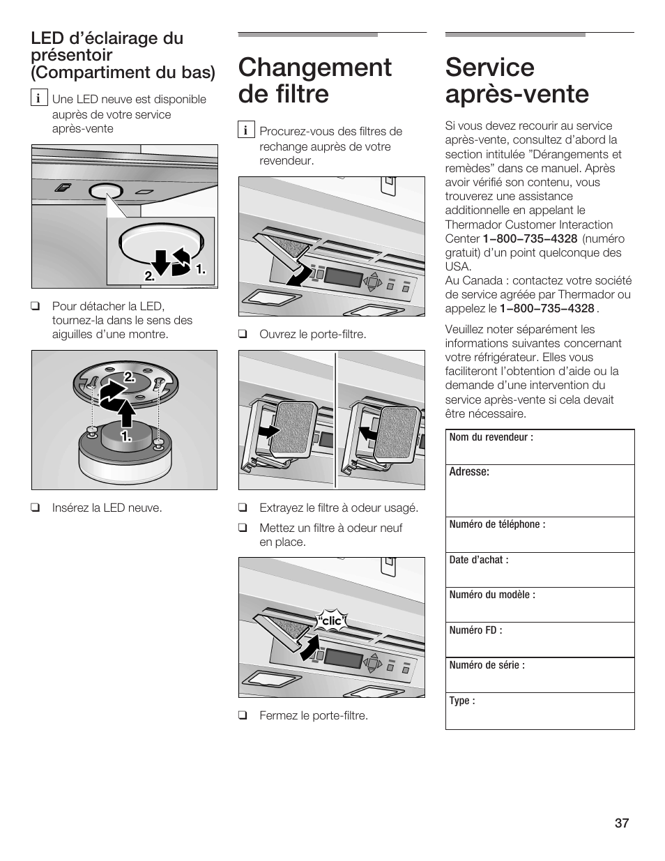 Changement de filtre, Service aprèsćvente | Thermador T24IW  EN User Manual | Page 37 / 60