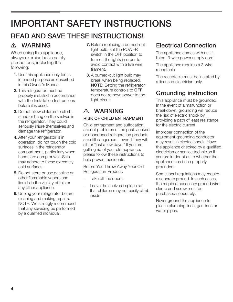 Important safety instructions, Read and save these instructions, E warning | Electrical connection, Grounding instruction | Thermador T24IW  EN User Manual | Page 4 / 60
