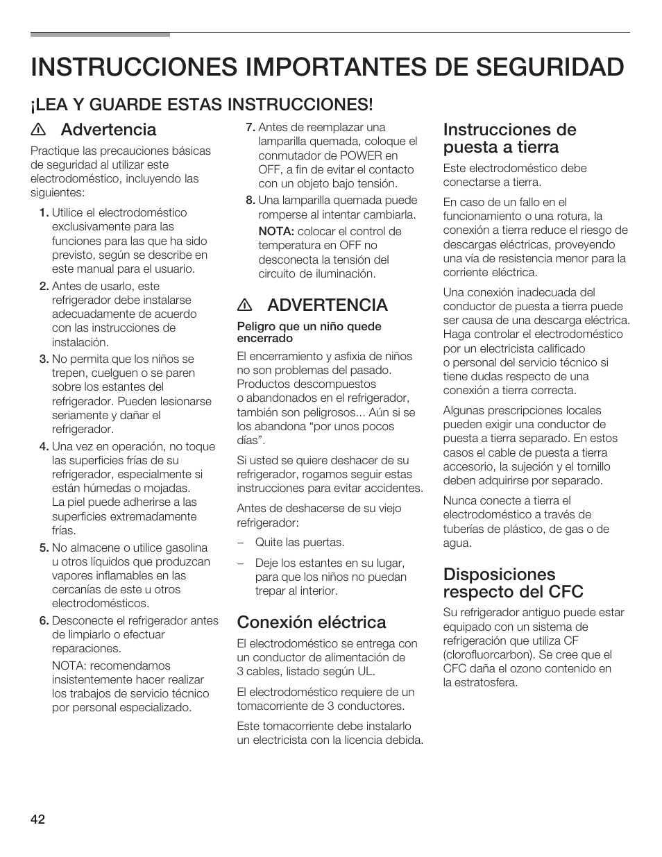 Instrucciones importantes de seguridad, Lea y guarde estas instrucciones! e advertencia, E advertencia | Conexión eléctrica, Instrucciones de puesta a tierra, Disposiciones respecto del cfc | Thermador T24IW  EN User Manual | Page 42 / 60