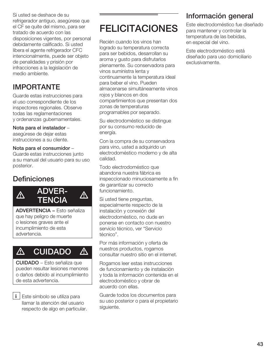 Felicitaciones, Adverć tencia, Cuidado | Thermador T24IW  EN User Manual | Page 43 / 60