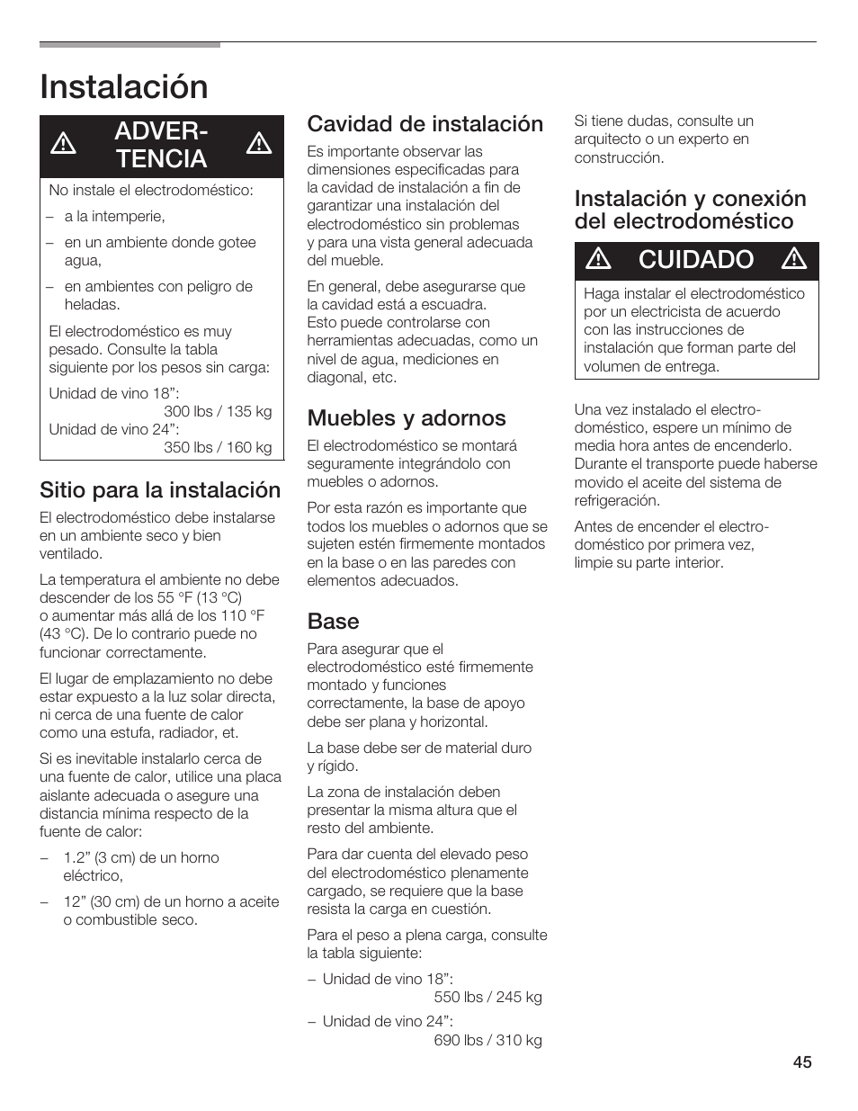 Instalación, Adverć tencia, Cuidado | Sitio para la instalación, Cavidad de instalación, Muebles y adornos, Base, Instalación y conexión del electrodoméstico | Thermador T24IW  EN User Manual | Page 45 / 60