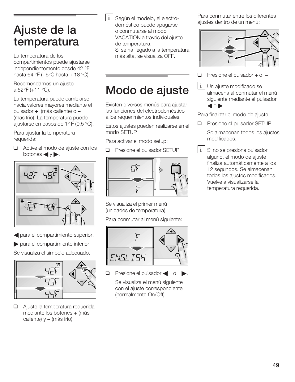 Ajuste de la temperatura, Modo de ajuste | Thermador T24IW  EN User Manual | Page 49 / 60