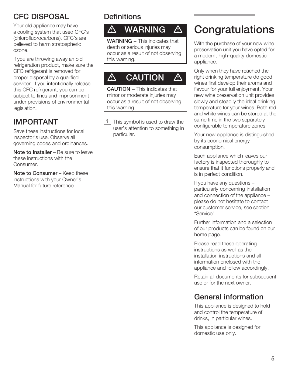 Warning, Caution | Thermador T24IW  EN User Manual | Page 5 / 60