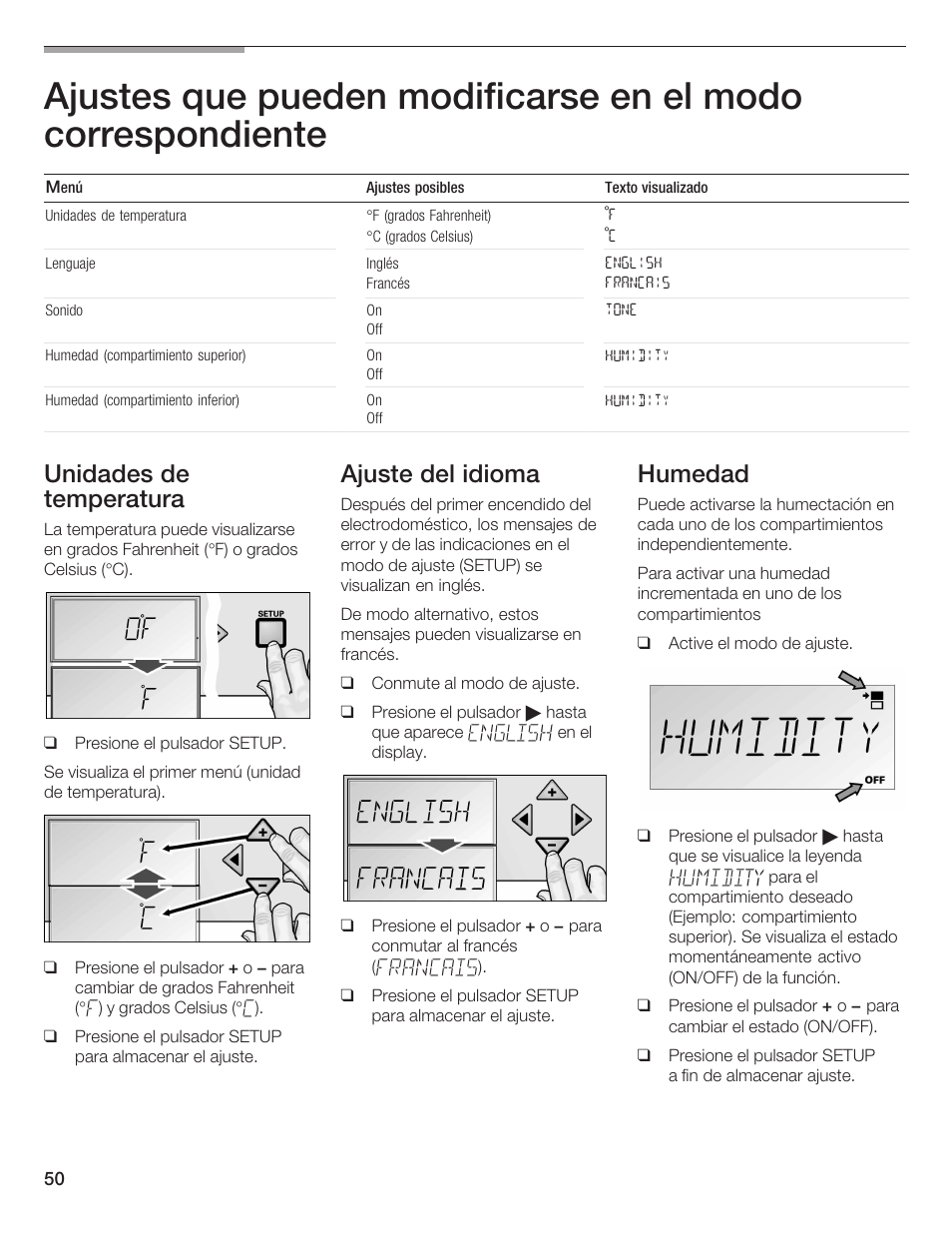 Unidades de temperatura, Ajuste del idioma, Humedad | Thermador T24IW  EN User Manual | Page 50 / 60