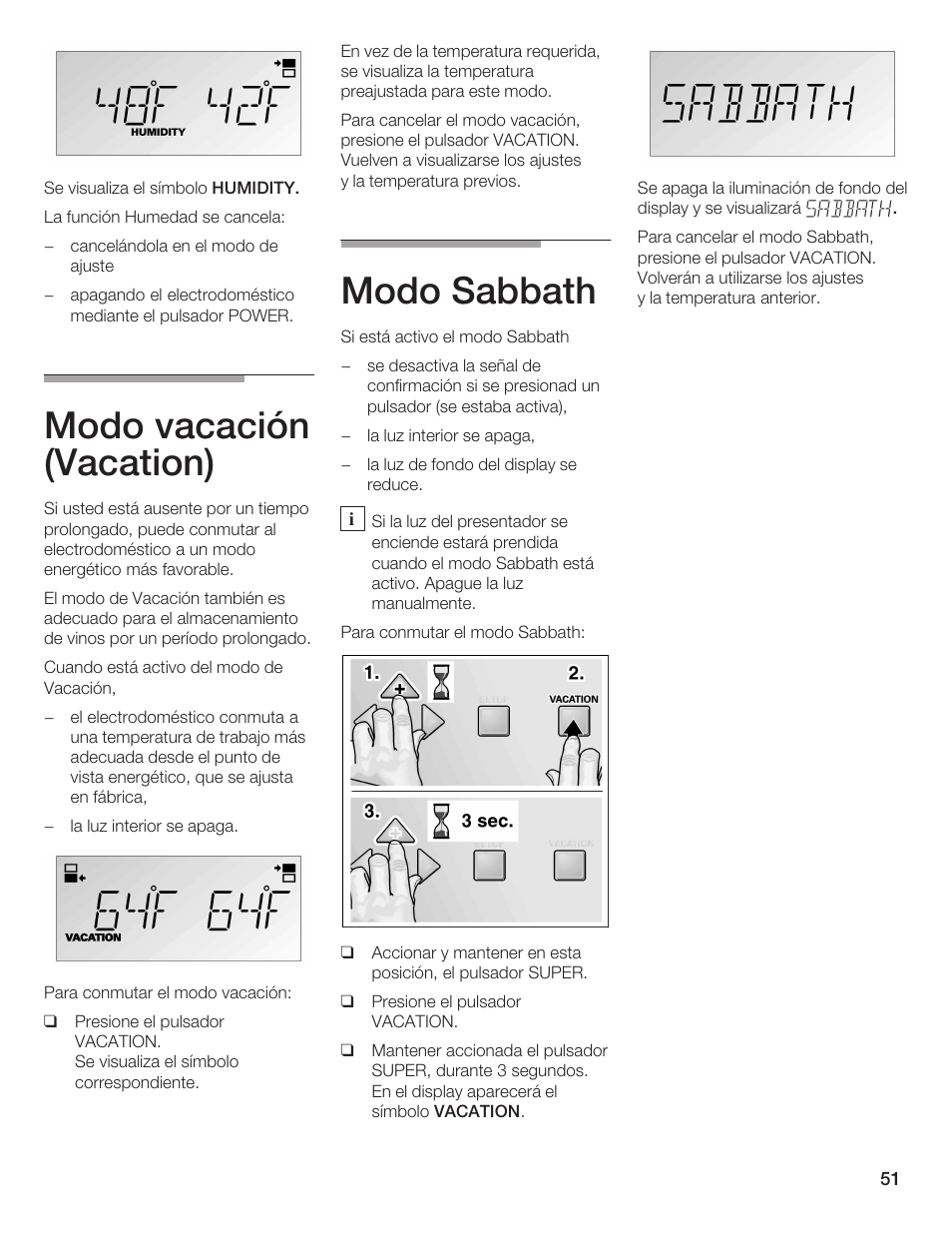 Modo vacación (vacation), Modo sabbath | Thermador T24IW  EN User Manual | Page 51 / 60