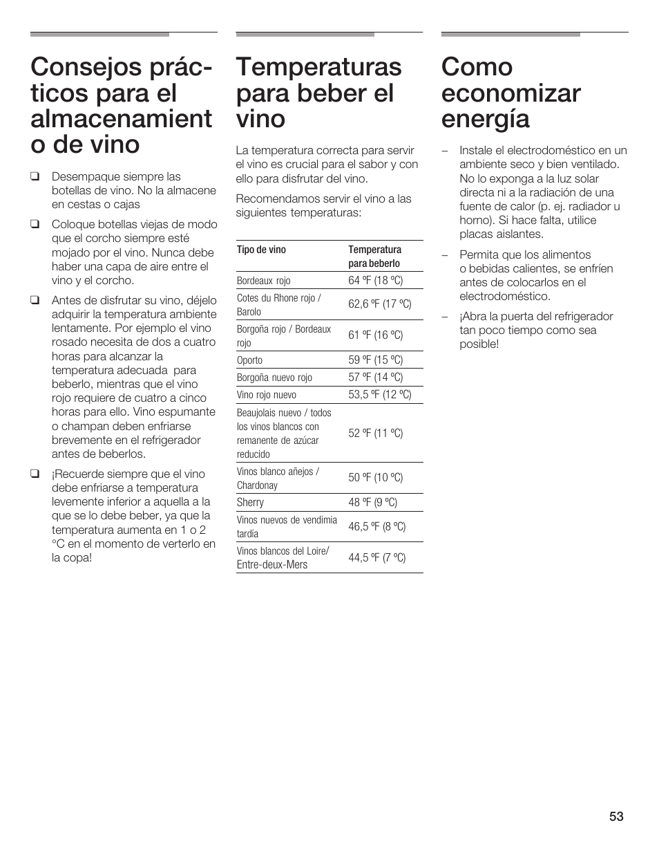 Temperaturas para beber el vino, Como economizar energía | Thermador T24IW  EN User Manual | Page 53 / 60