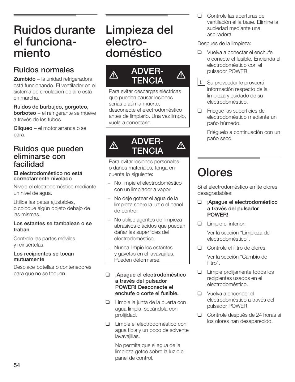 Ruidos durante el funcionać miento, Limpieza del electroć doméstico, Olores | Adverć tencia | Thermador T24IW  EN User Manual | Page 54 / 60