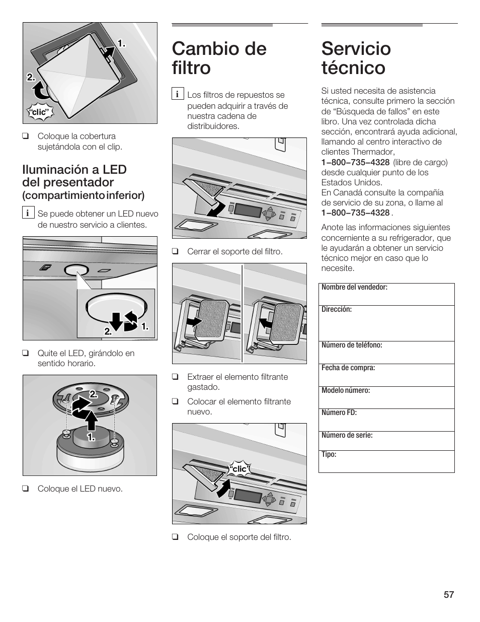 Cambio de filtro, Servicio técnico, Iluminación a led del presentador | Thermador T24IW  EN User Manual | Page 57 / 60