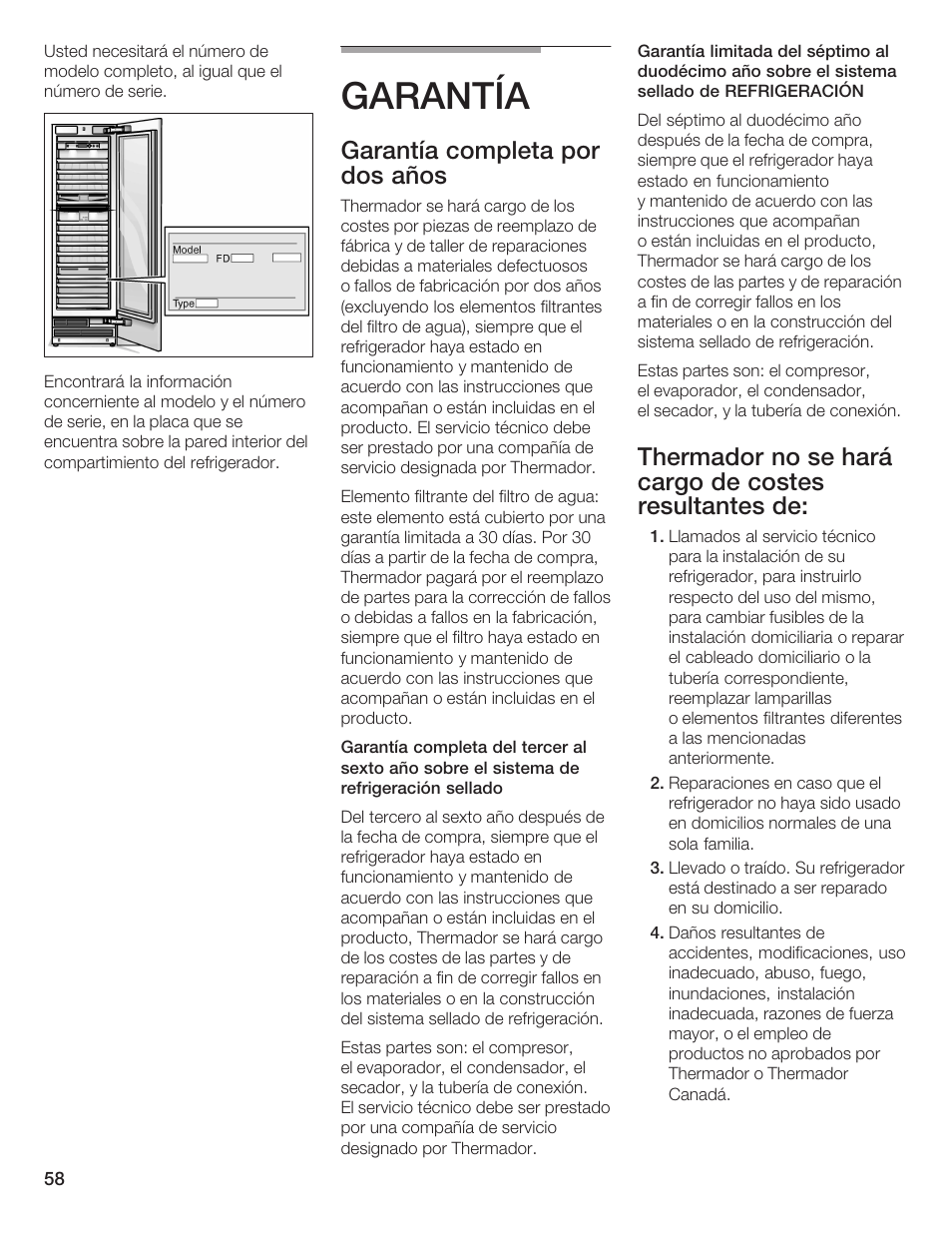 Garantía, Garantía completa por dos años | Thermador T24IW  EN User Manual | Page 58 / 60