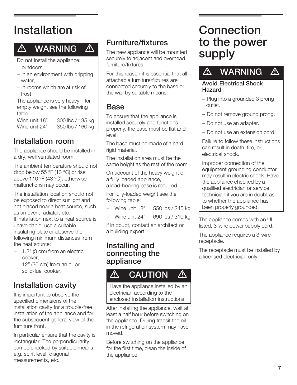 Installation, Connection to the power supply, Warning | Caution | Thermador T24IW  EN User Manual | Page 7 / 60