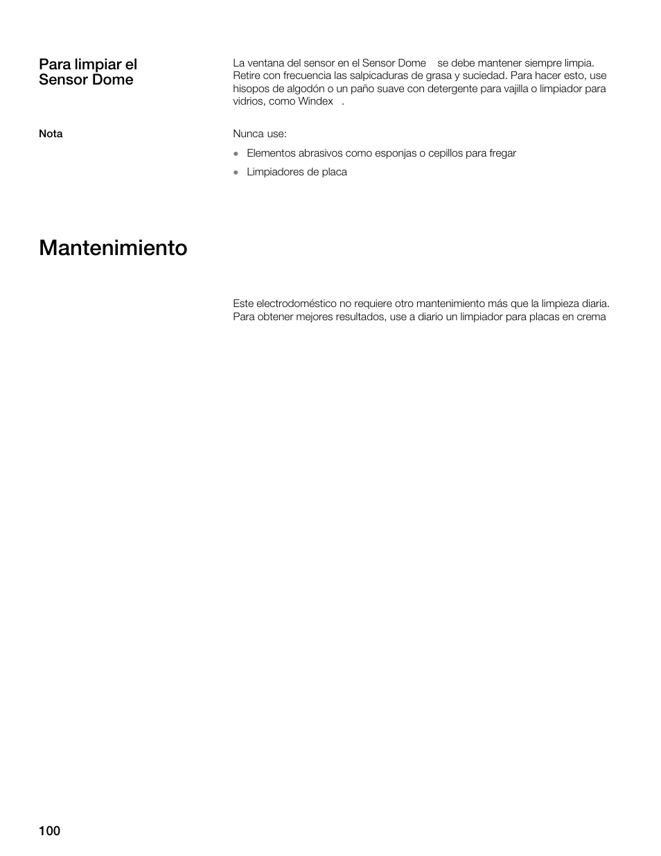 Mantenimiento, Para limpiar el sensor dome | Thermador CES304FS User Manual | Page 100 / 108