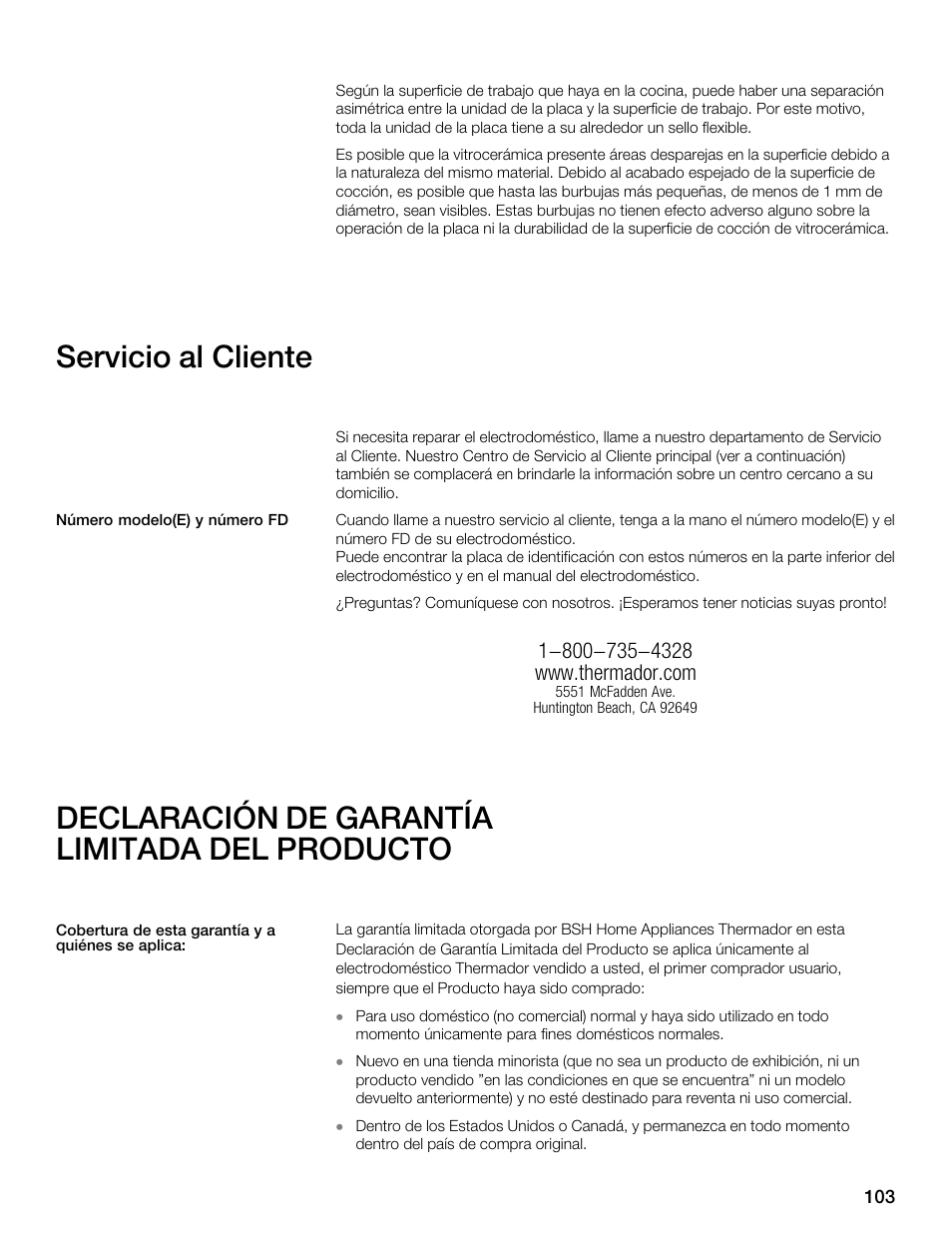 Servicio al cliente, Declaración de garantía limitada del producto | Thermador CES304FS User Manual | Page 103 / 108