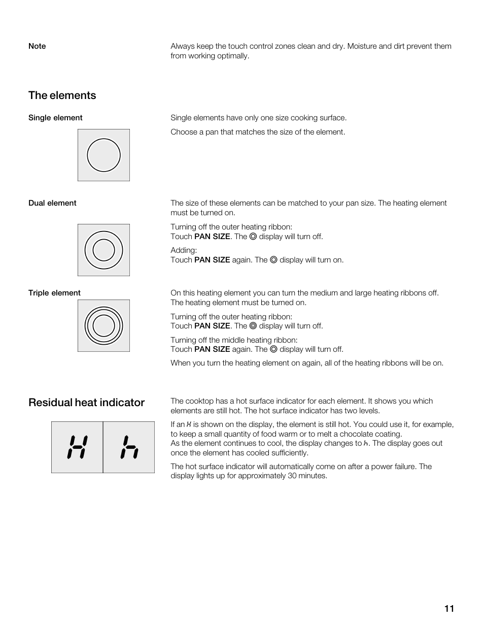 The elements, Residual heat indicator | Thermador CES304FS User Manual | Page 11 / 108