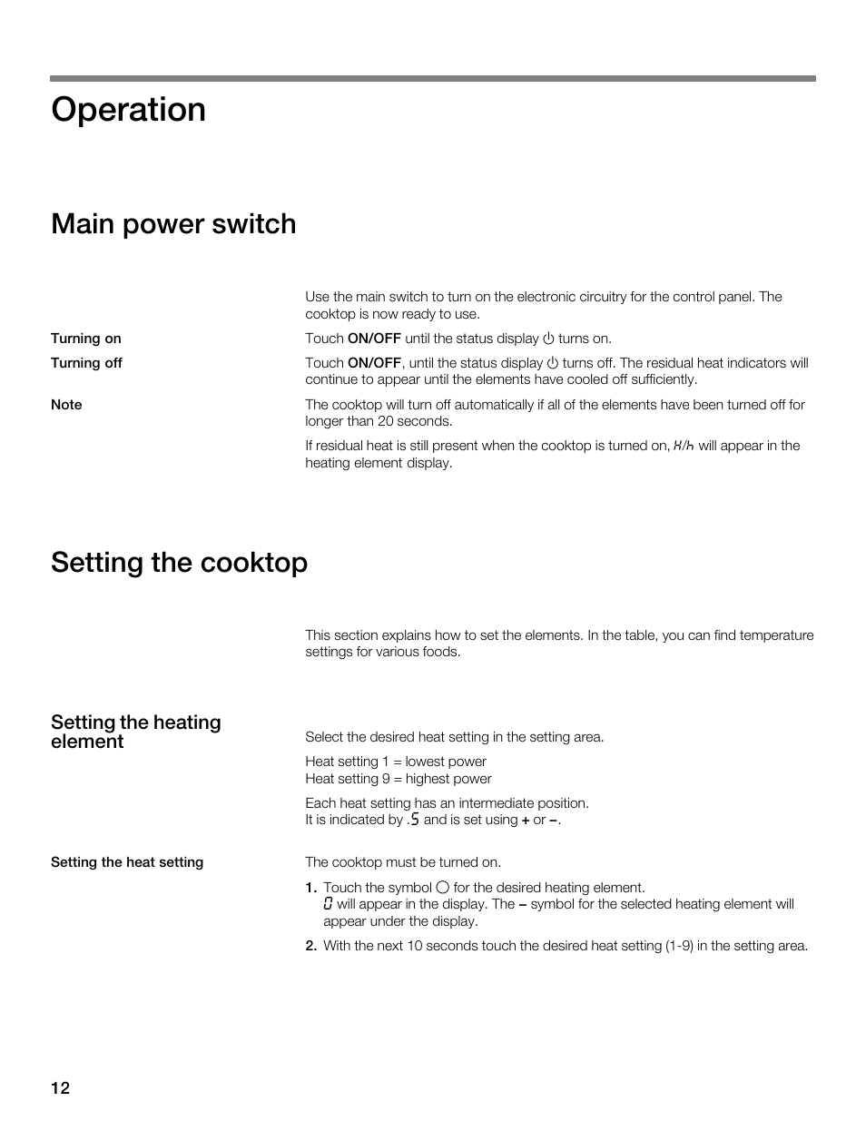 Operation, Main power switch, Setting the cooktop | Thermador CES304FS User Manual | Page 12 / 108