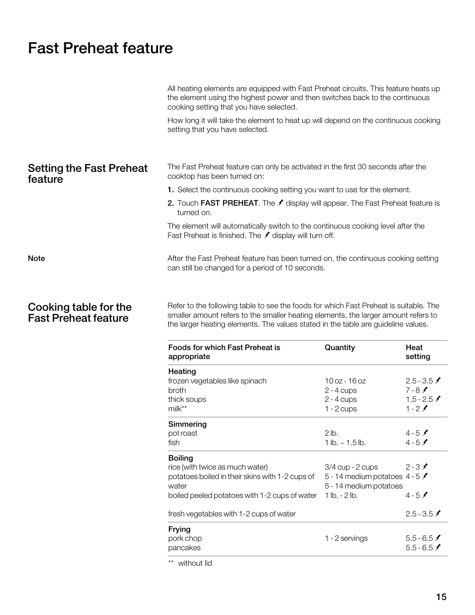 Fast preheat feature, Setting the fast preheat feature, Cooking table for the fast preheat feature | Thermador CES304FS User Manual | Page 15 / 108
