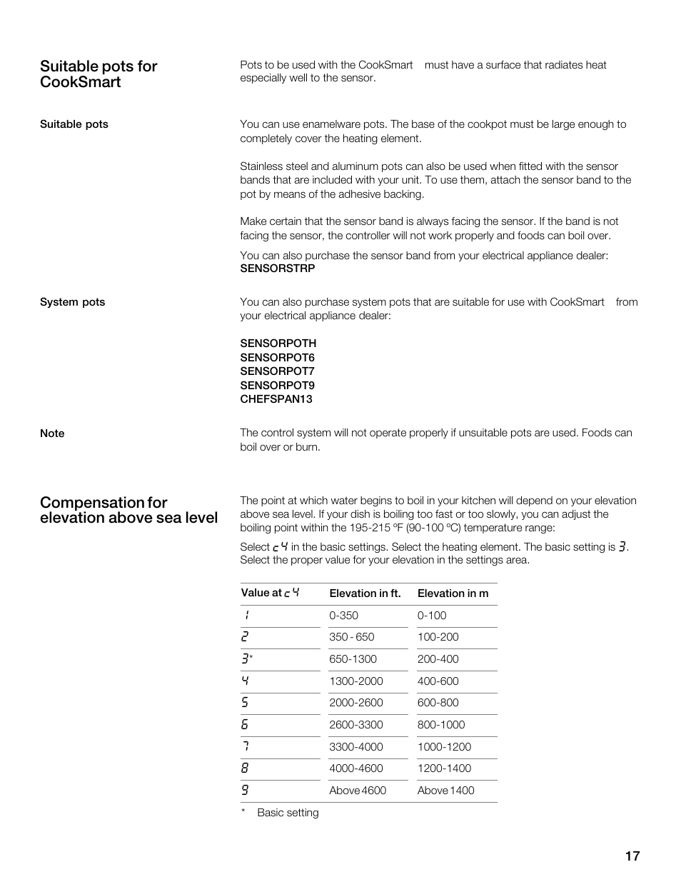 Suitable pots for cooksmart, Compensation for elevation above sea level | Thermador CES304FS User Manual | Page 17 / 108