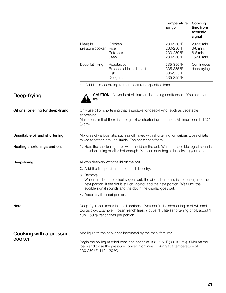 Deepćfrying, Cooking with a pressure cooker | Thermador CES304FS User Manual | Page 21 / 108