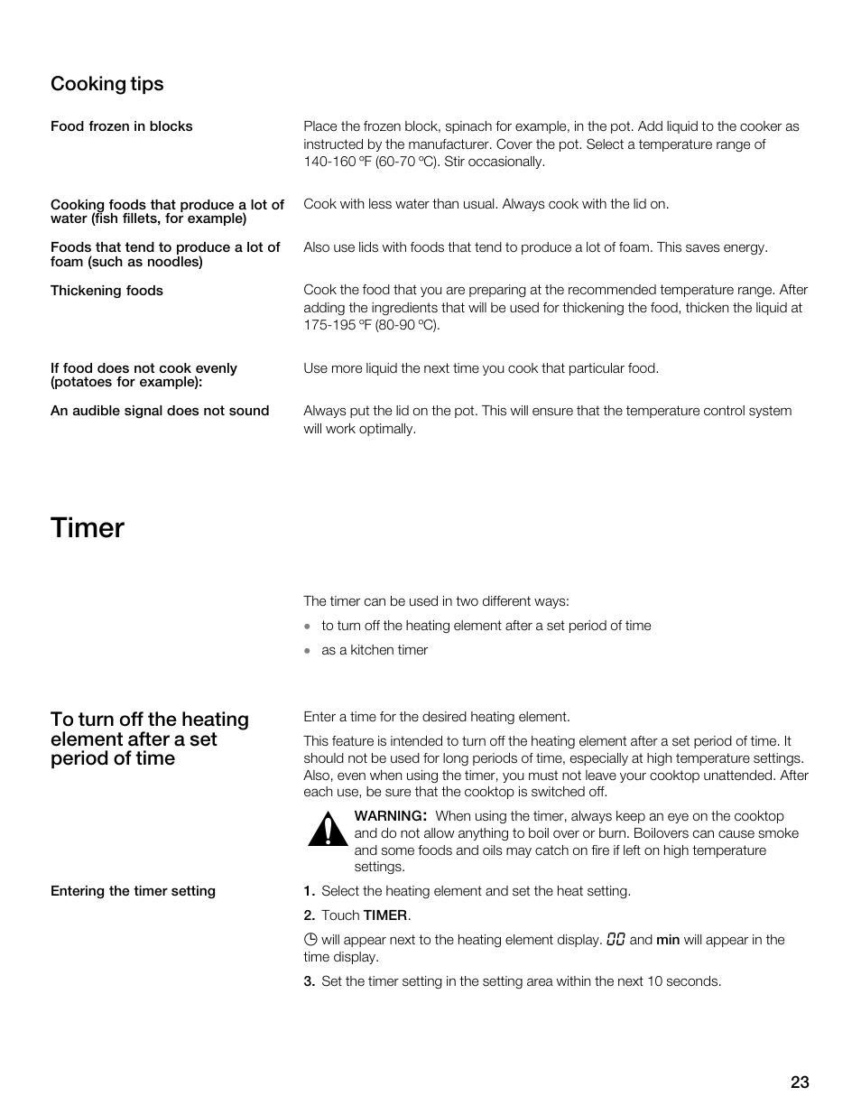 Timer, Cooking tips | Thermador CES304FS User Manual | Page 23 / 108