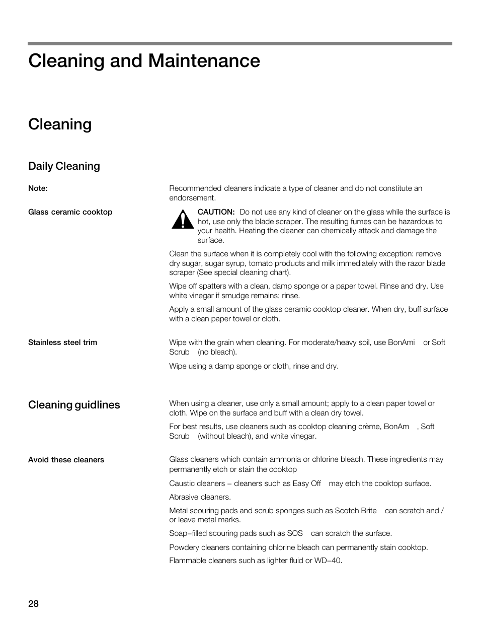 Cleaning and maintenance, Cleaning, Daily cleaning | Cleaning guidlines | Thermador CES304FS User Manual | Page 28 / 108