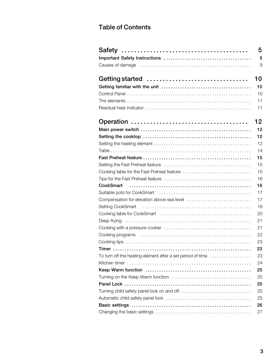 Table of contents safety 5, Āgetting started 10, Āoperation 12 | Thermador CES304FS User Manual | Page 3 / 108