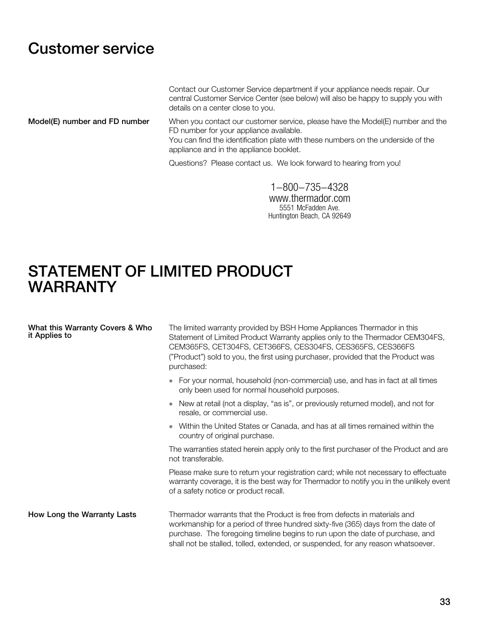 Customer service, Statement of limited product warranty | Thermador CES304FS User Manual | Page 33 / 108