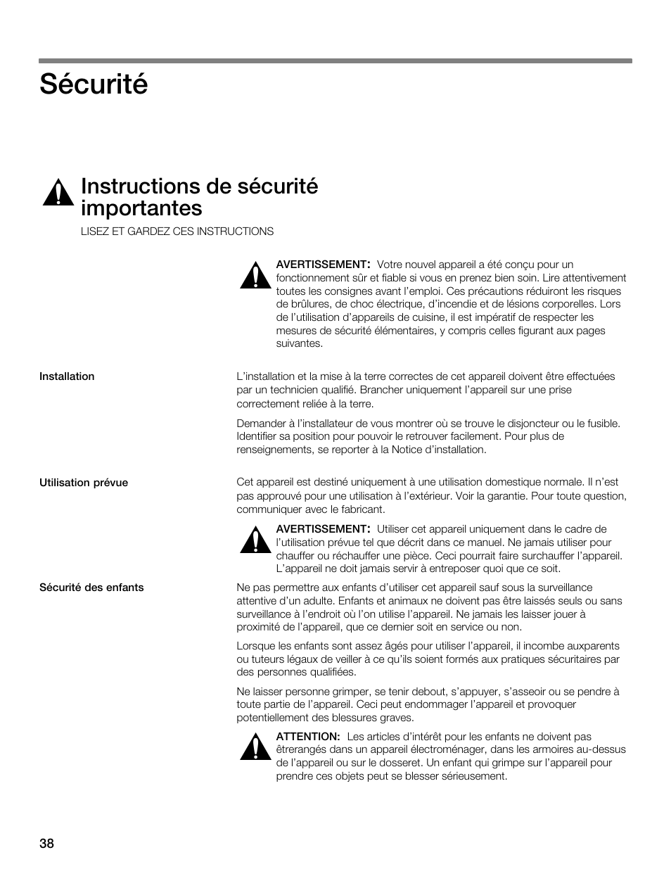 Sécurité, Instructions de sécurité importantes | Thermador CES304FS User Manual | Page 38 / 108