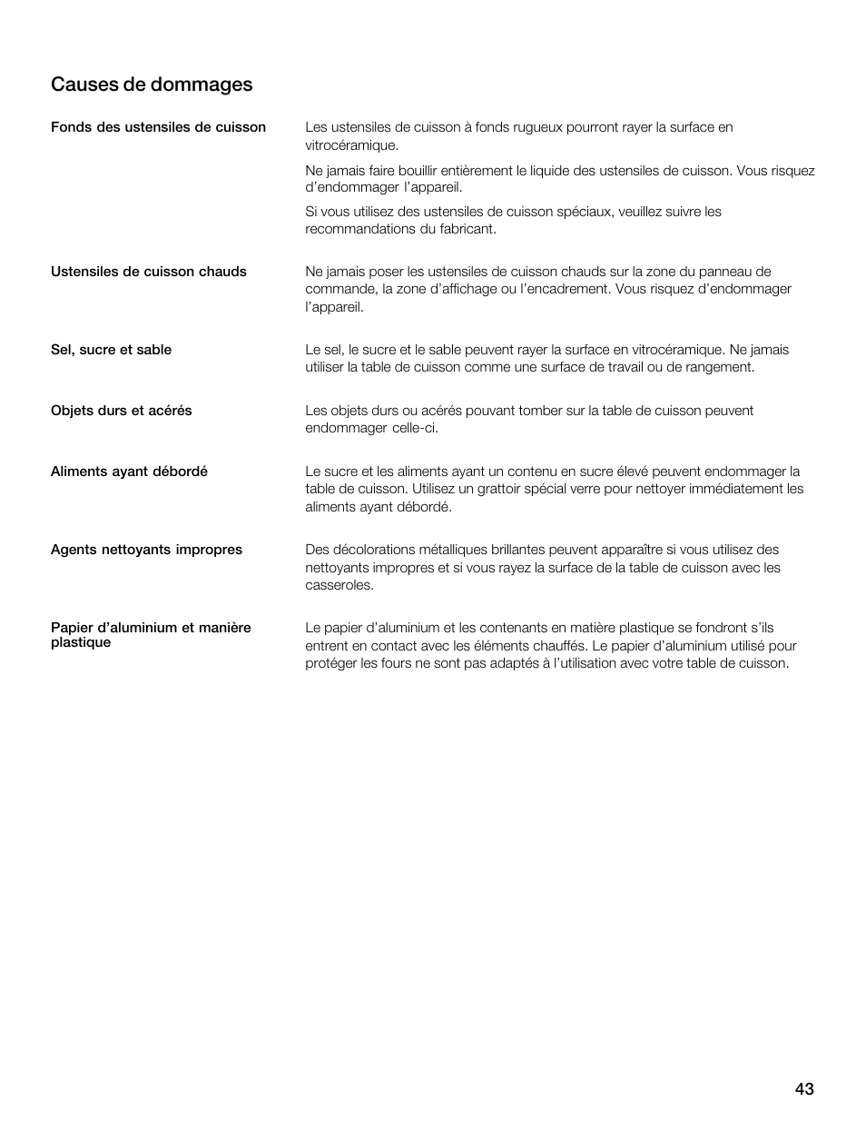 Causes de dommages | Thermador CES304FS User Manual | Page 43 / 108