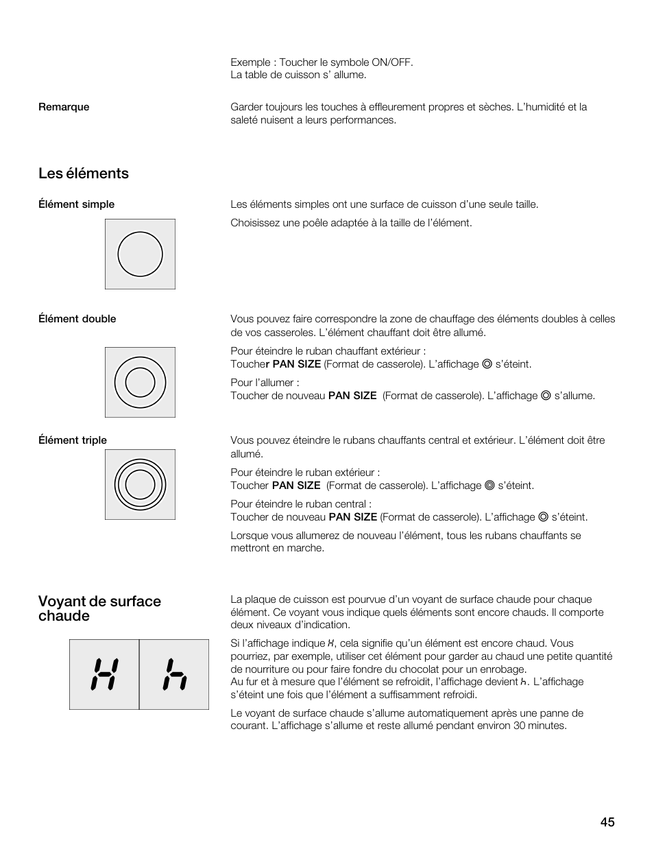 Les éléments, Voyant de surface chaude | Thermador CES304FS User Manual | Page 45 / 108