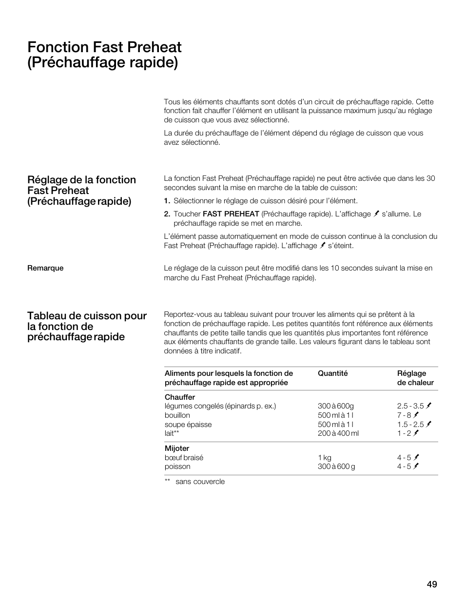 Fonction fast preheat (préchauffage rapide) | Thermador CES304FS User Manual | Page 49 / 108