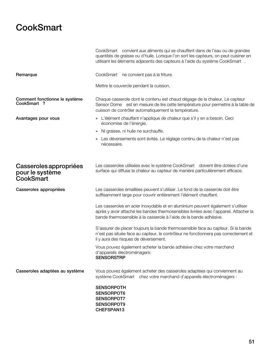 Cooksmart, Casseroles appropriées pour le système cooksmart | Thermador CES304FS User Manual | Page 51 / 108
