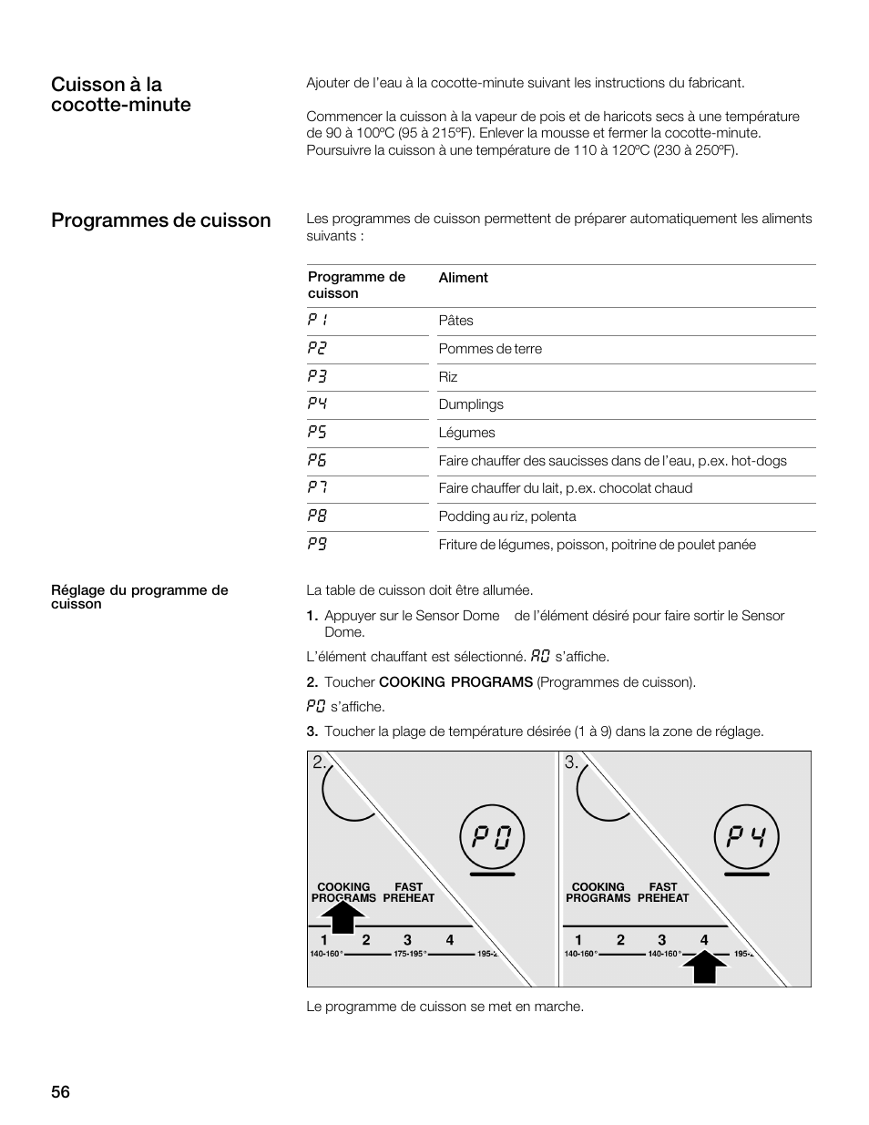 Cuisson à la cocottećminute programmes de cuisson | Thermador CES304FS User Manual | Page 56 / 108