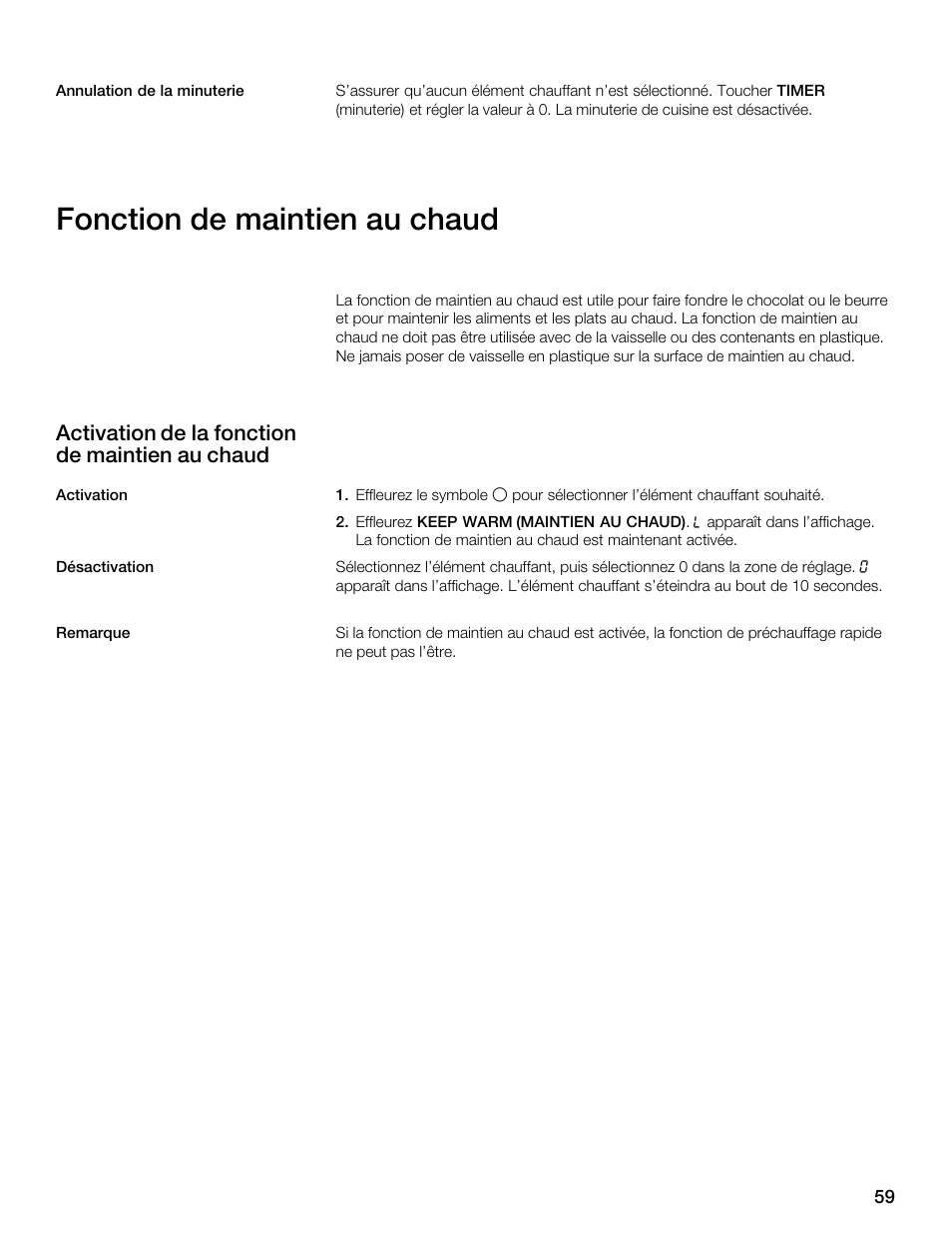 Fonction de maintien au chaud, Activation de la fonction de maintien au chaud | Thermador CES304FS User Manual | Page 59 / 108