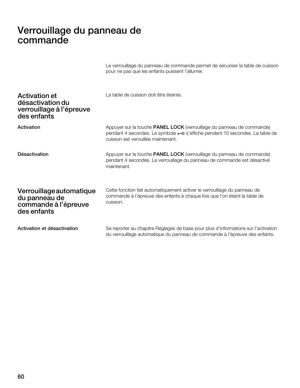 Verrouillage du panneau de commande | Thermador CES304FS User Manual | Page 60 / 108