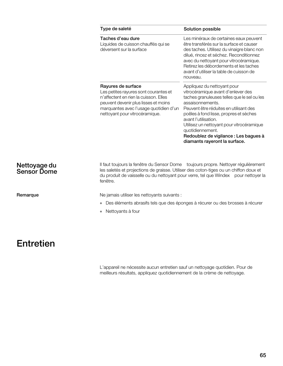 Entretien, Nettoyage du sensor dome | Thermador CES304FS User Manual | Page 65 / 108