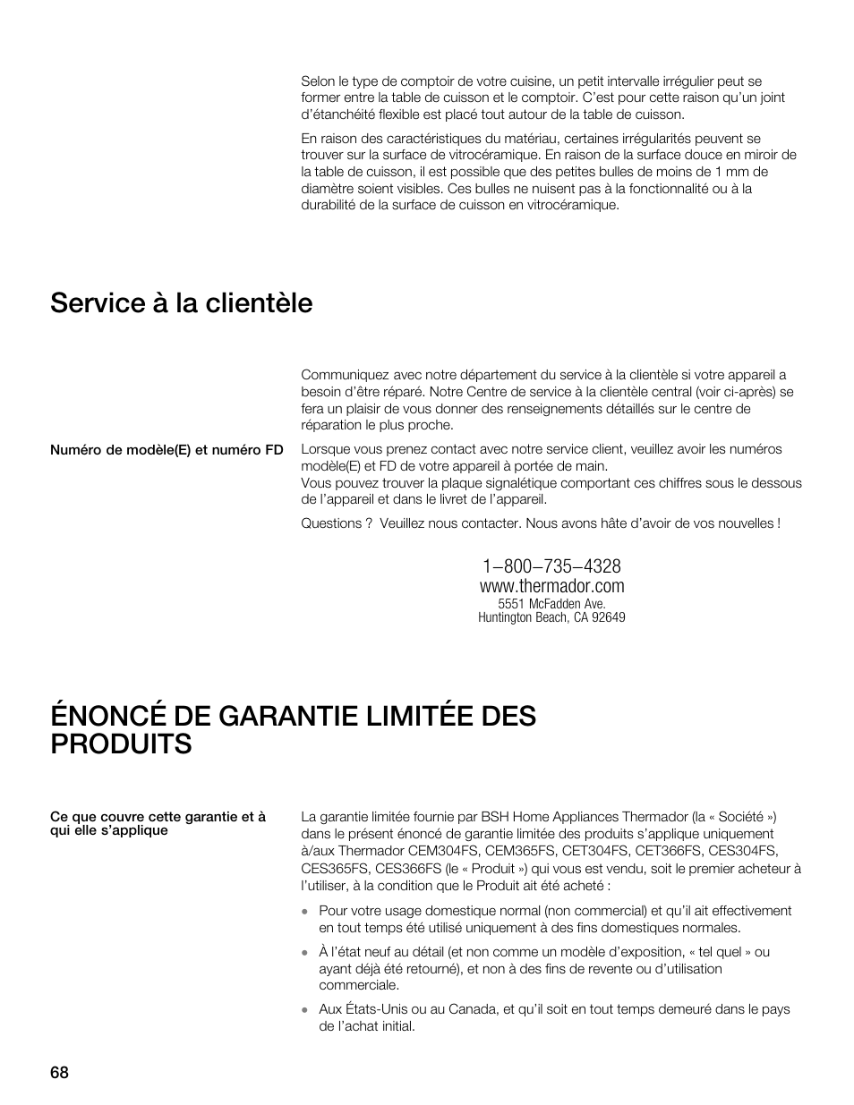 Service à la clientèle, Énoncé de garantie limitée des produits | Thermador CES304FS User Manual | Page 68 / 108