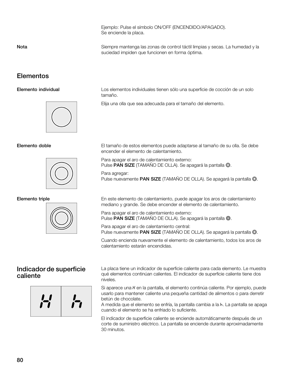 Elementos, Indicador de superficie caliente | Thermador CES304FS User Manual | Page 80 / 108