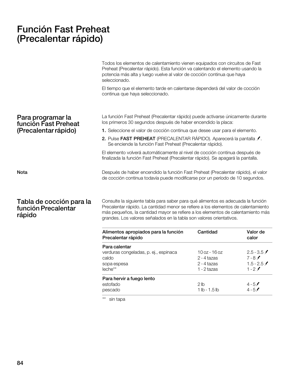 Función fast preheat (precalentar rápido) | Thermador CES304FS User Manual | Page 84 / 108