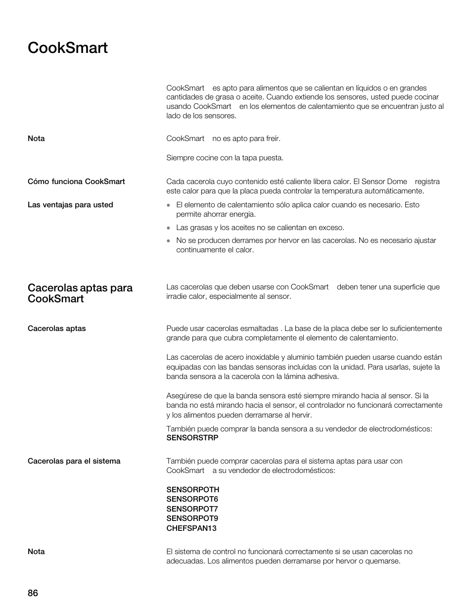 Cooksmart, Cacerolas aptas para cooksmart | Thermador CES304FS User Manual | Page 86 / 108